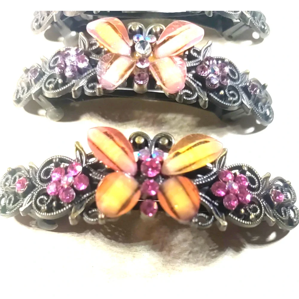 Lot Of 3 Butterfly Barrettes Black metal Rhinestones Green Pink Orange